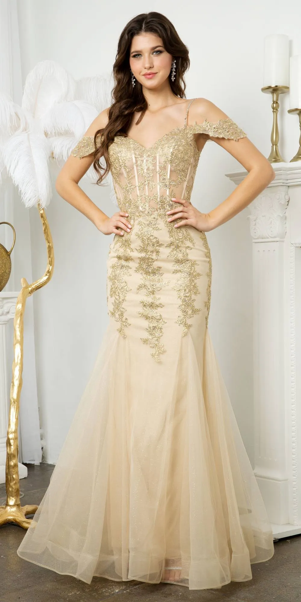 Juno M1018 Floor Length Fitted Mermaid Gown Embroidered Lace Applique