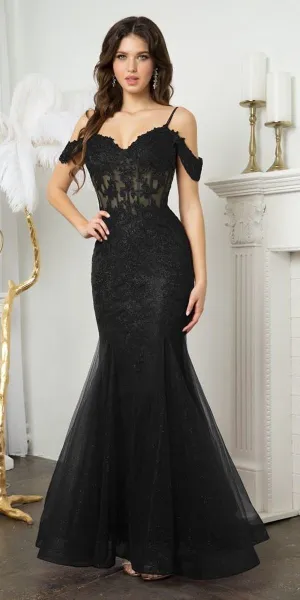 Juno M1018 Floor Length Fitted Mermaid Gown Embroidered Lace Applique