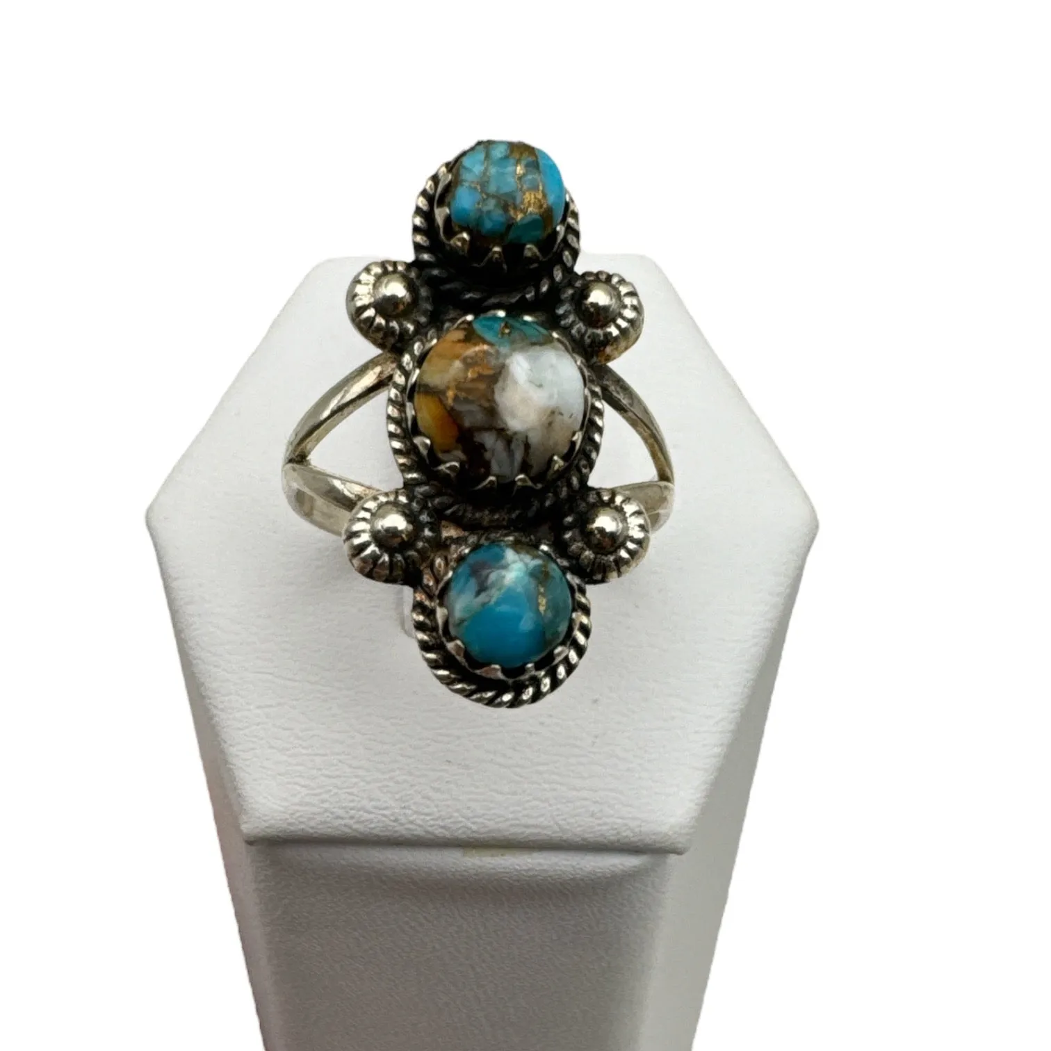Kingman Turquoise & Spiny Oyster Solid 925 Sterling Silver Ring 7.5