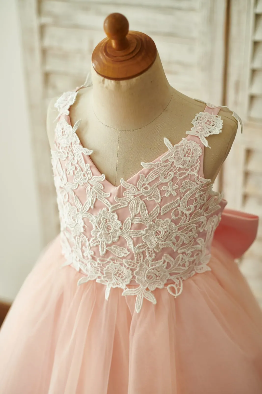 Lace Tulle Spaghetti Straps Wedding Flower Girl Dress, Bow