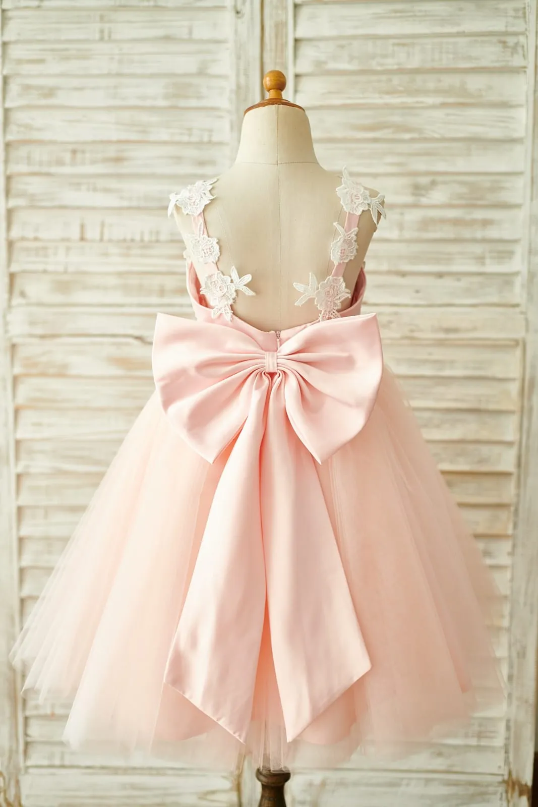 Lace Tulle Spaghetti Straps Wedding Flower Girl Dress, Bow
