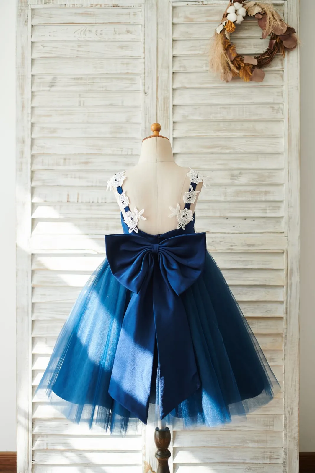 Lace Tulle Spaghetti Straps Wedding Flower Girl Dress, Bow