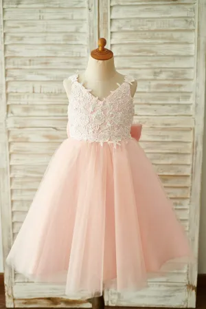 Lace Tulle Spaghetti Straps Wedding Flower Girl Dress, Bow