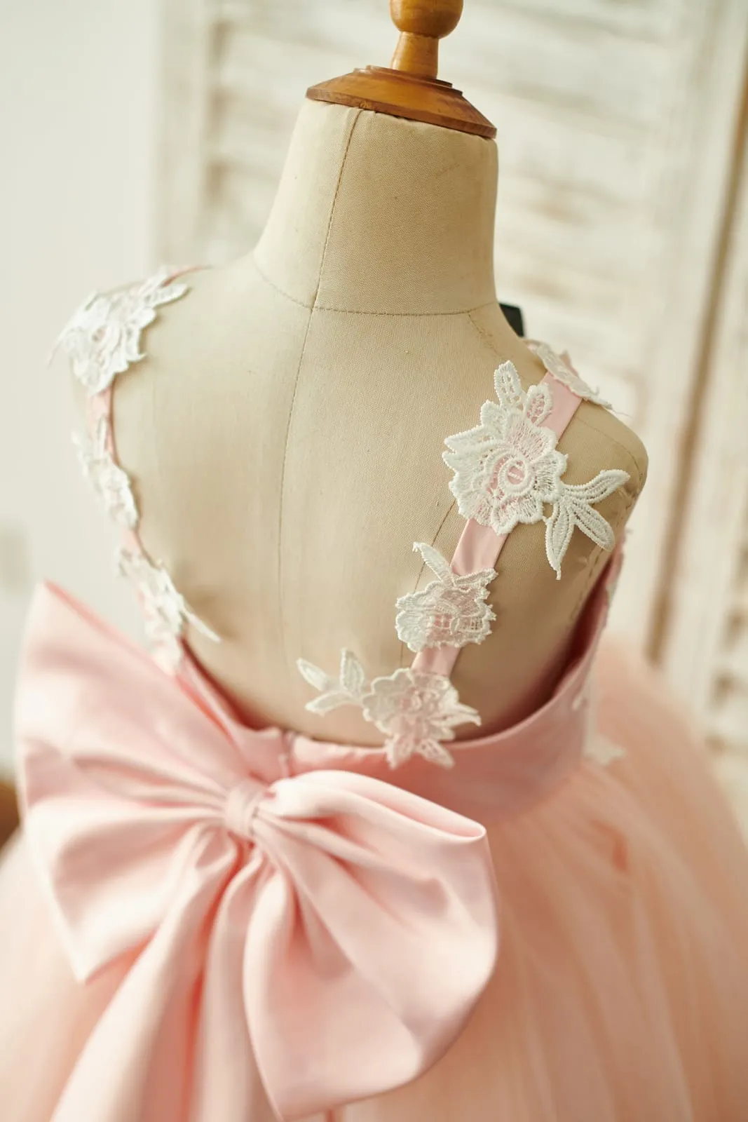 Lace Tulle Spaghetti Straps Wedding Flower Girl Dress, Bow