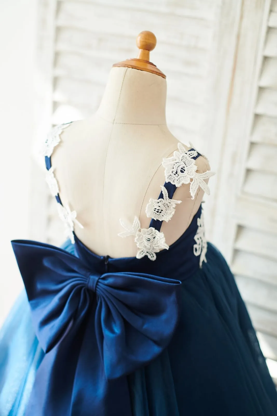 Lace Tulle Spaghetti Straps Wedding Flower Girl Dress, Bow