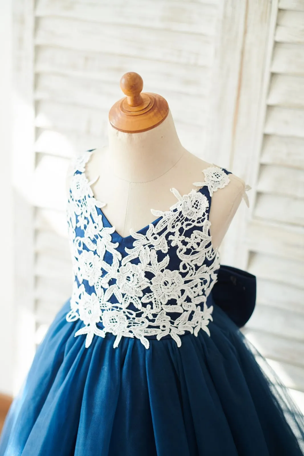 Lace Tulle Spaghetti Straps Wedding Flower Girl Dress, Bow