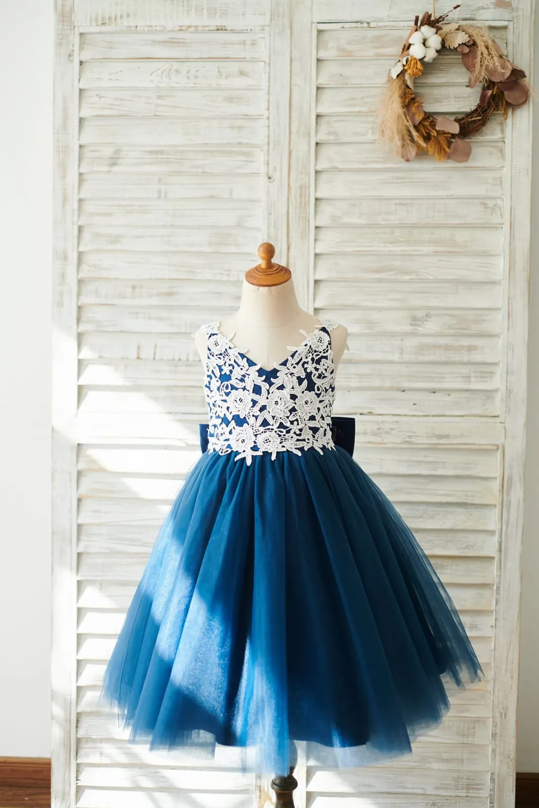 Lace Tulle Spaghetti Straps Wedding Flower Girl Dress, Bow