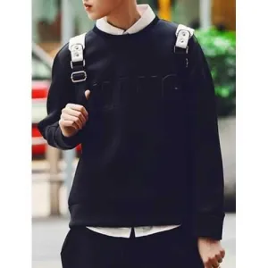 Laconic Round Neck 3D Letters Knurling Solid Color Long Sleeves Slim Fit Men's Pullover Sweatshirt - Black Xl