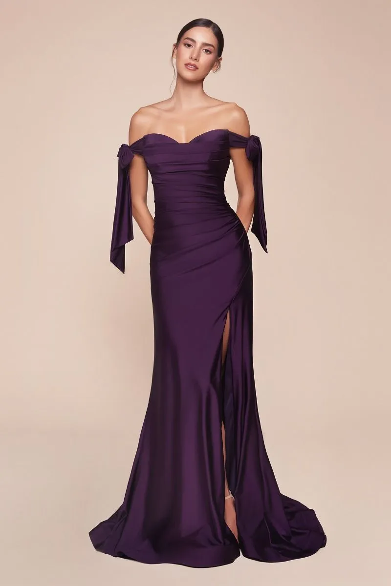 Ladivine CD943 Fitted Stretch Jersey Long Formal Dress Off Shoulder