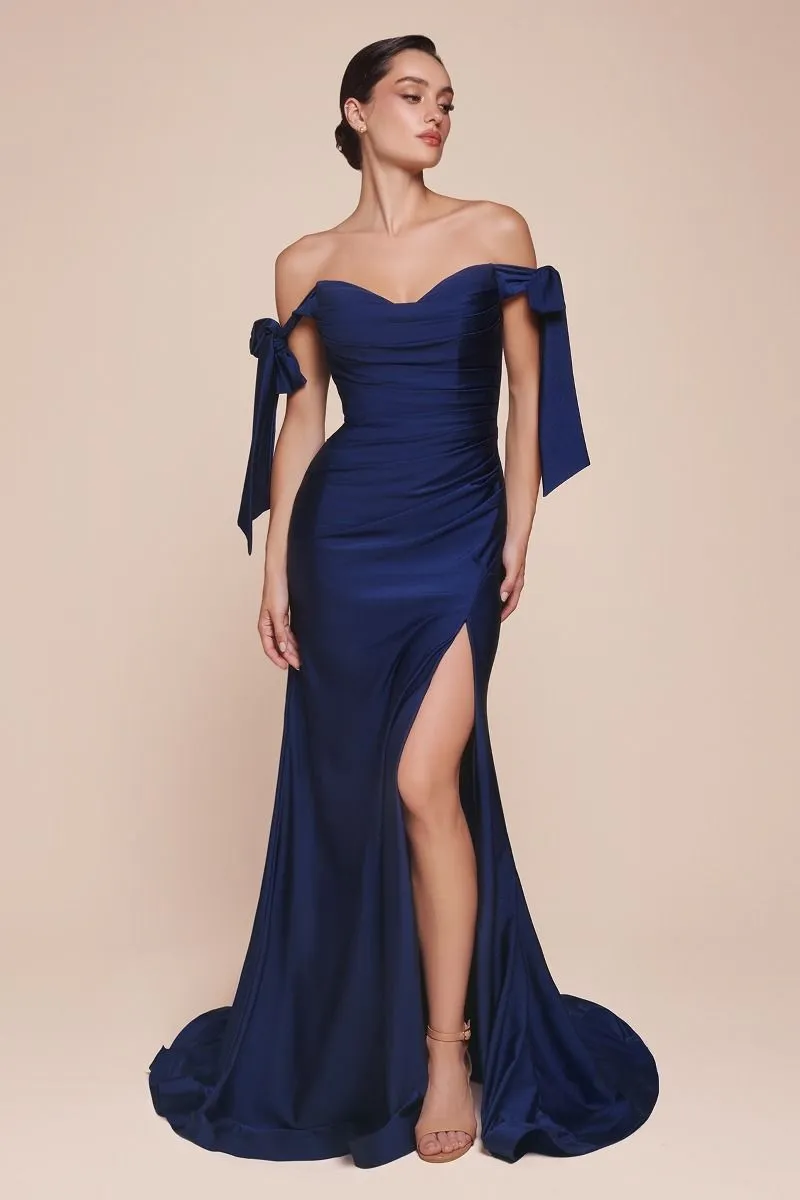Ladivine CD943 Fitted Stretch Jersey Long Formal Dress Off Shoulder