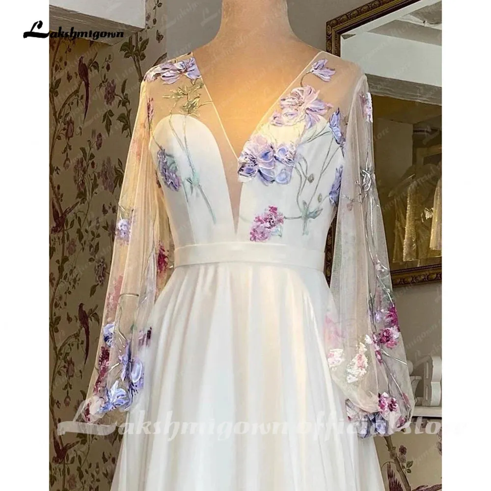 Lakshmigown Deep V Slit Floral Lace Wedding Gowns For Women 2023 Vestidos Puffy Long Sleeve Bridal Boho Beach Wedding Dresses