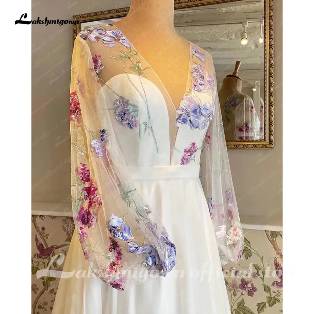 Lakshmigown Deep V Slit Floral Lace Wedding Gowns For Women 2023 Vestidos Puffy Long Sleeve Bridal Boho Beach Wedding Dresses
