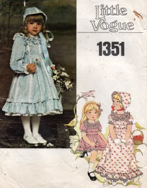 Little Vogue 1351 Toddler Girls Puff Sleeved Ruffled Dress and Bonnet 1970s Vintage Sewing Pattern Size 4 UNCUT Factory Folded