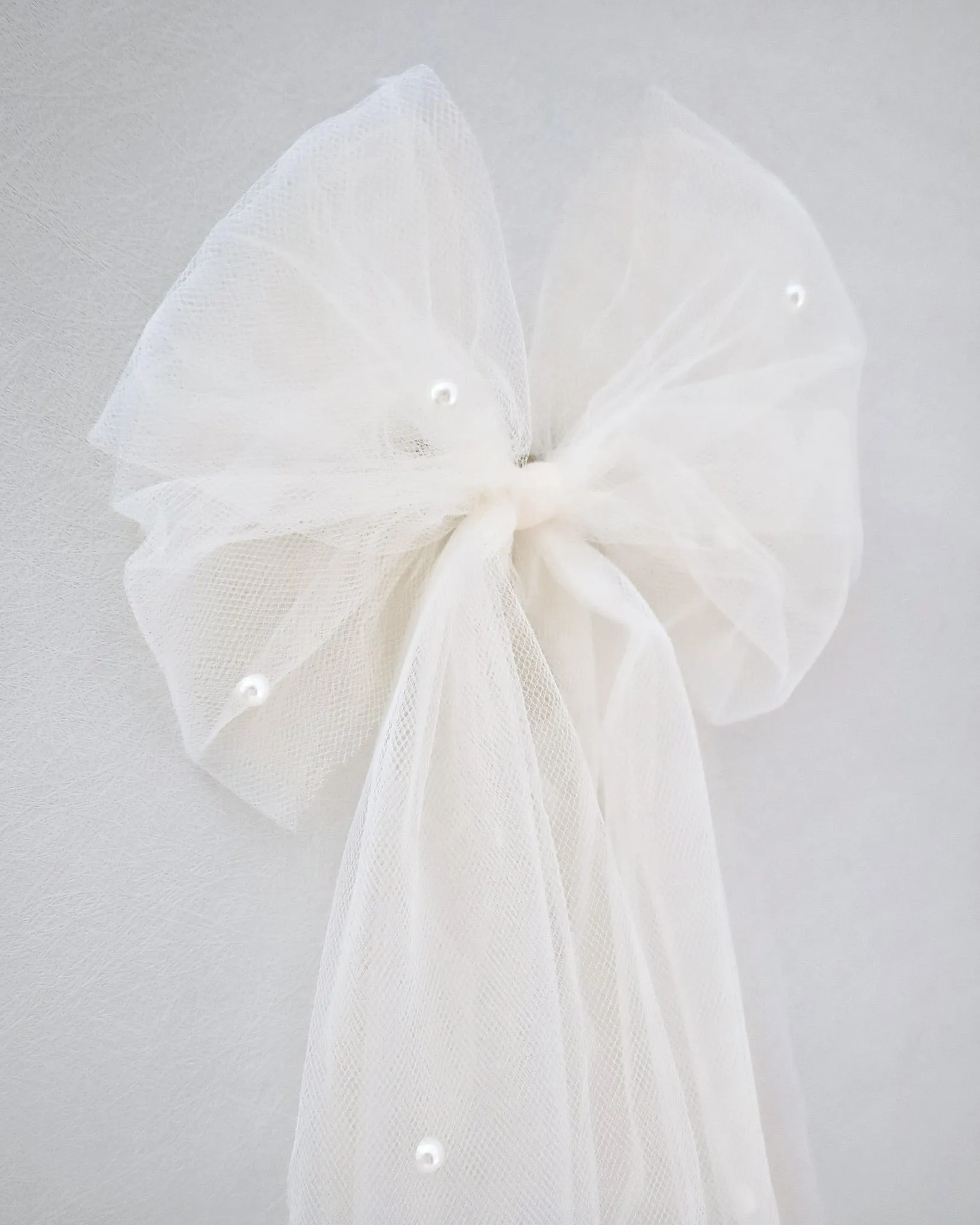 Long Oversized Tulle Bow Hair Barrette with Scattered Pearls