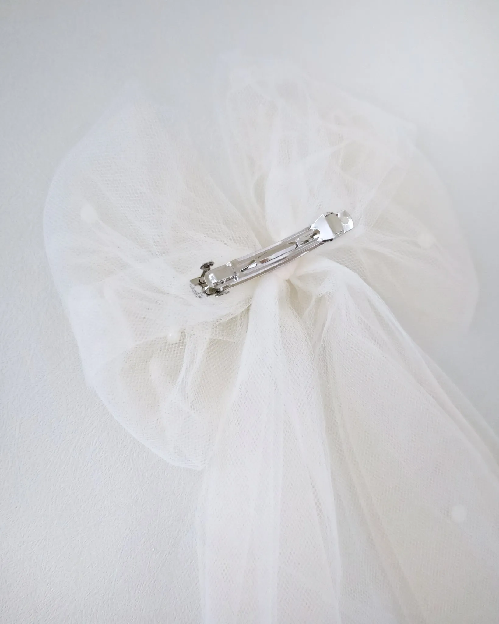 Long Oversized Tulle Bow Hair Barrette with Scattered Pearls