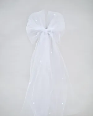 Long Oversized Tulle Bow Hair Barrette with Scattered Pearls