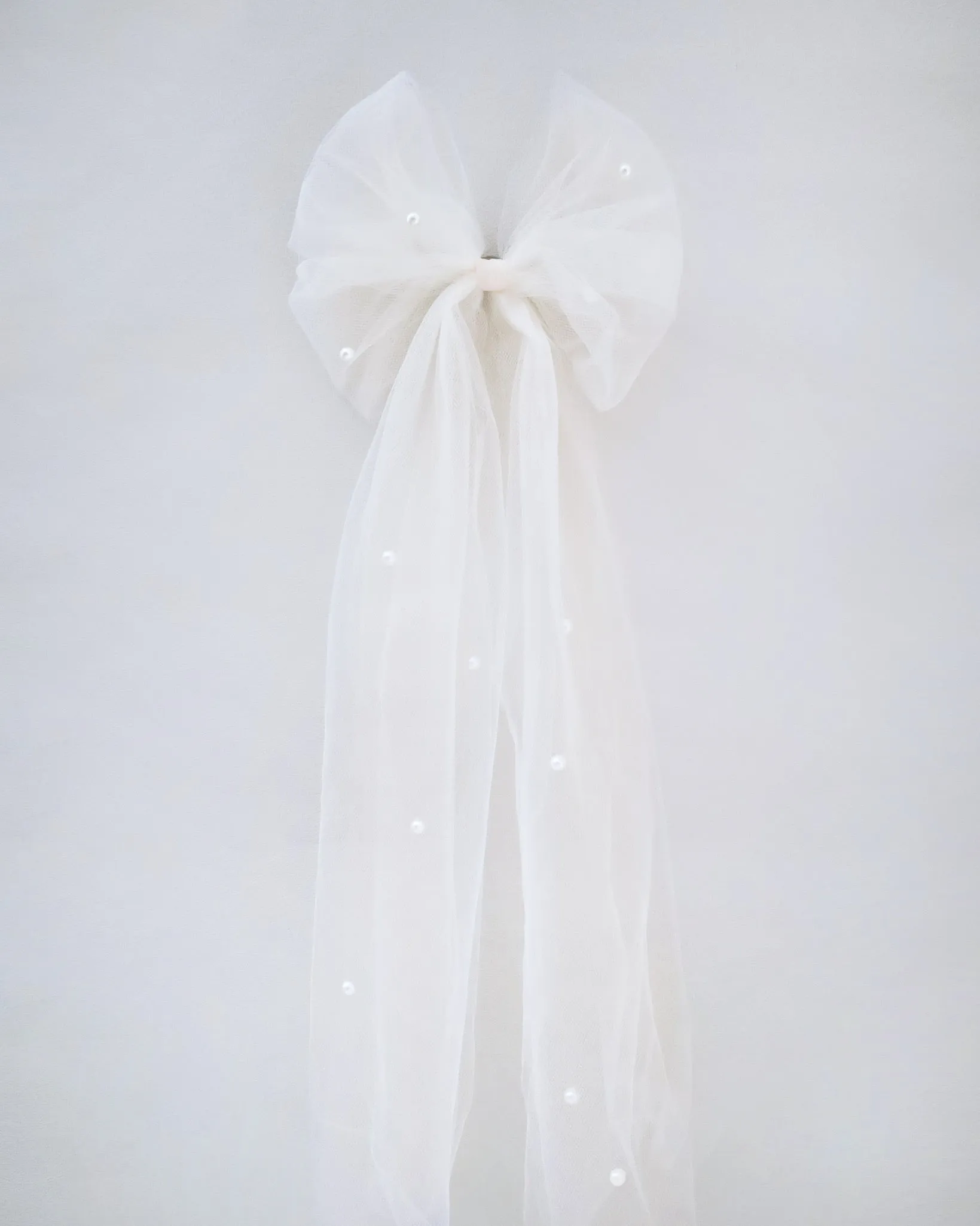 Long Oversized Tulle Bow Hair Barrette with Scattered Pearls