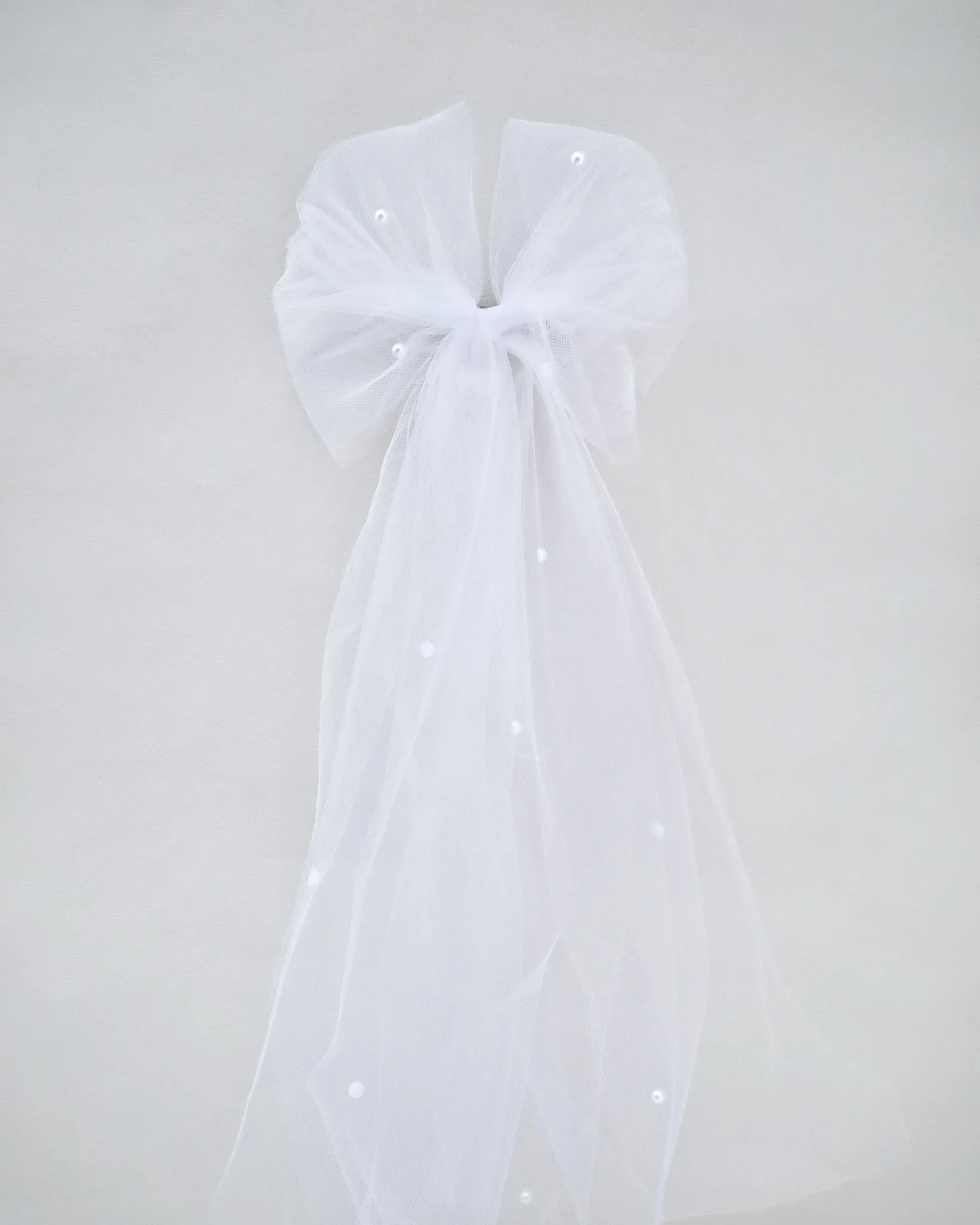 Long Oversized Tulle Bow Hair Barrette with Scattered Pearls
