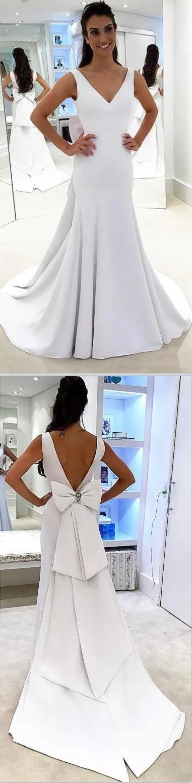 Long Satin Simple V-Neck  Glamorous Modest Wedding Dresses with bow,WD0350