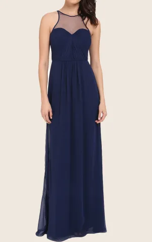 MACloth Straps Chiffon Long Prom Dress Dark Navy Formal Gown