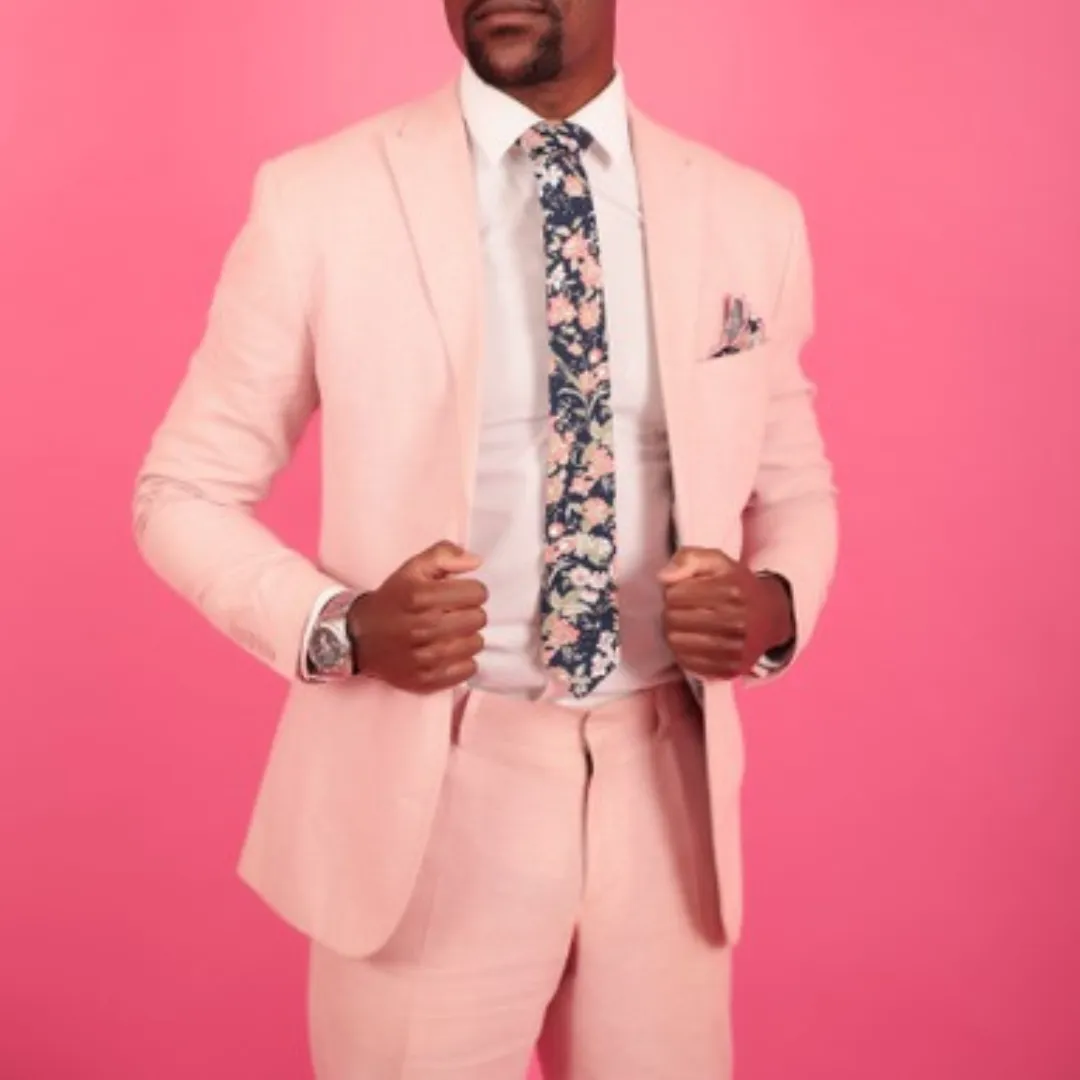 Margot Blue & Pink Floral Cotton Tie and Dusty Rose Pink Pocket Square Set