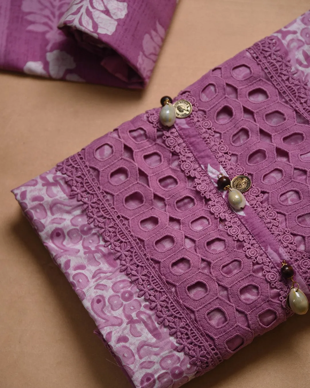 Mauve Pure Cotton Printed With Embroidery Unstitched Suit Fabric Set With Cotton Dupatta