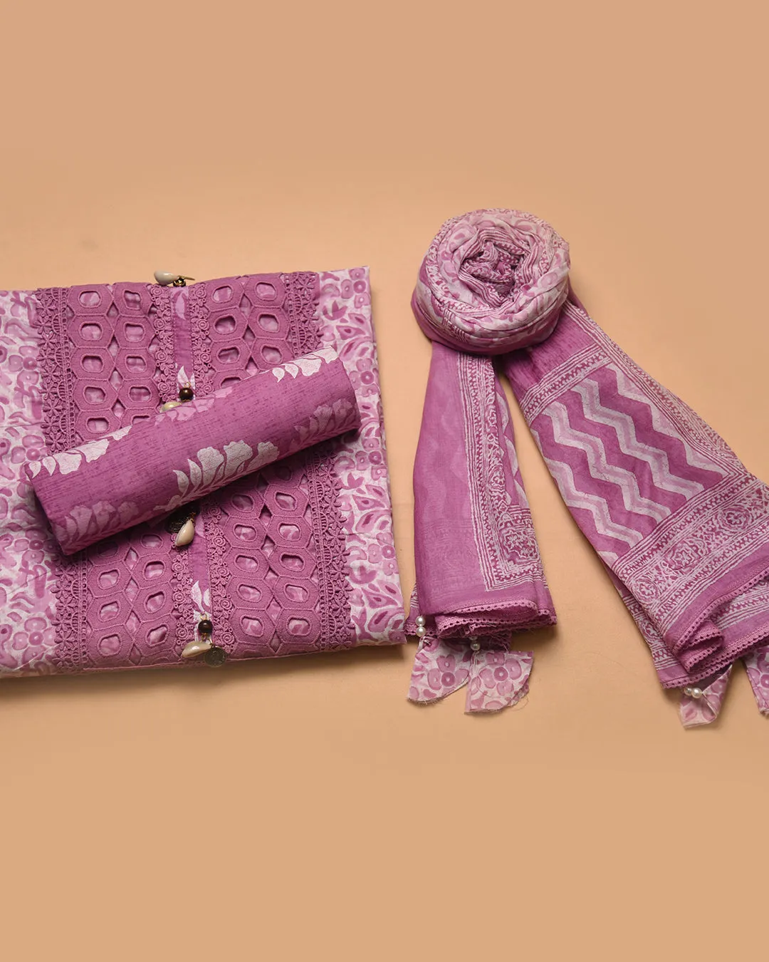 Mauve Pure Cotton Printed With Embroidery Unstitched Suit Fabric Set With Cotton Dupatta