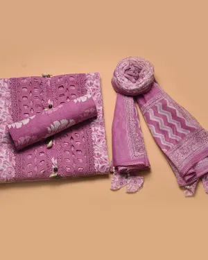 Mauve Pure Cotton Printed With Embroidery Unstitched Suit Fabric Set With Cotton Dupatta
