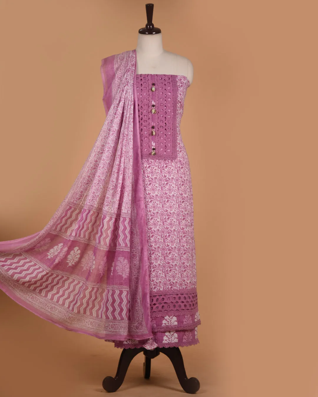 Mauve Pure Cotton Printed With Embroidery Unstitched Suit Fabric Set With Cotton Dupatta