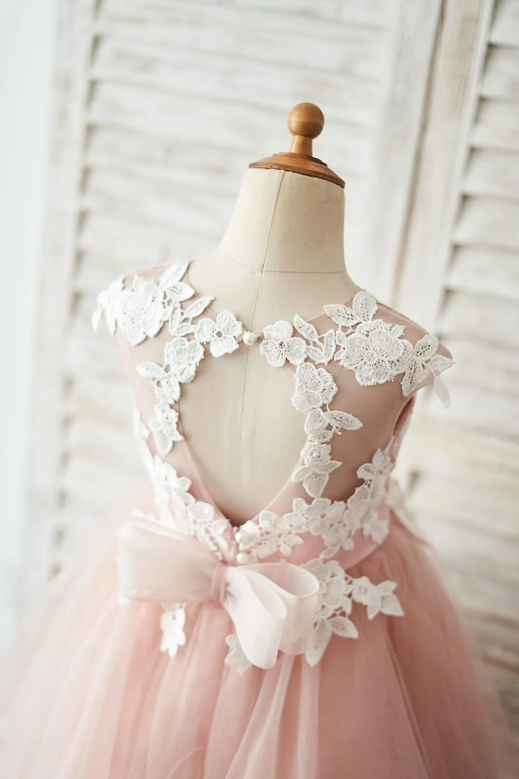 Mauve Tulle Ivory Lace Keyhole Back Wedding Flower Girl Dress Kids Formal Dress