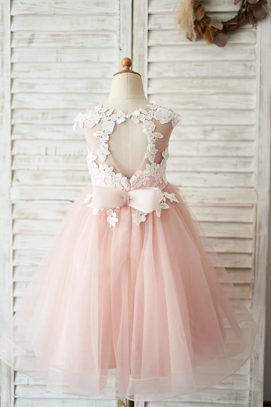 Mauve Tulle Ivory Lace Keyhole Back Wedding Flower Girl Dress Kids Formal Dress