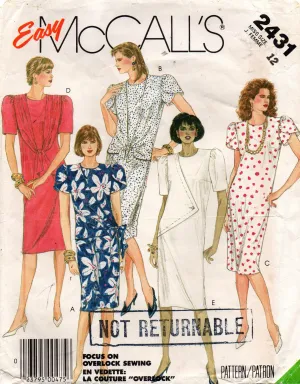 McCall's 2431 Womens Mock Wrap Tulip Sleeved Dress 1980s Vintage Sewing Pattern Size 12 Bust 34 inches UNCUT Factory Folded