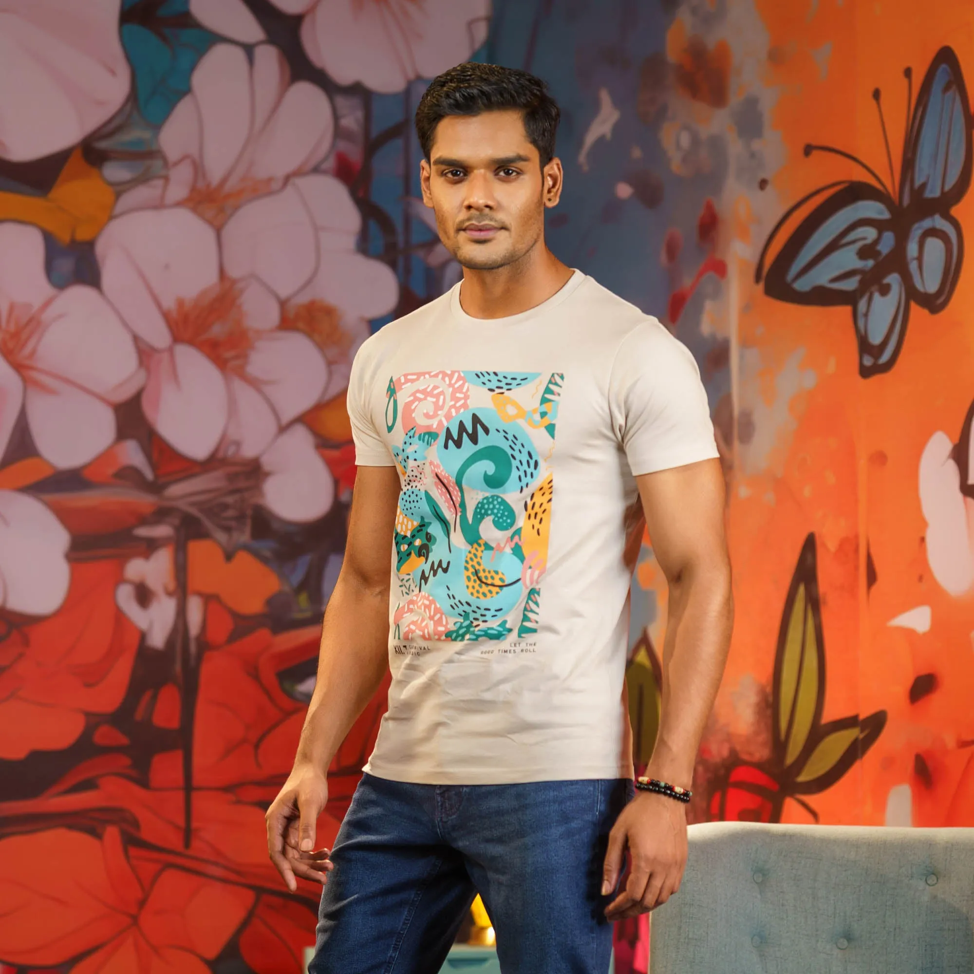 Mens Beige Print T-Shirt