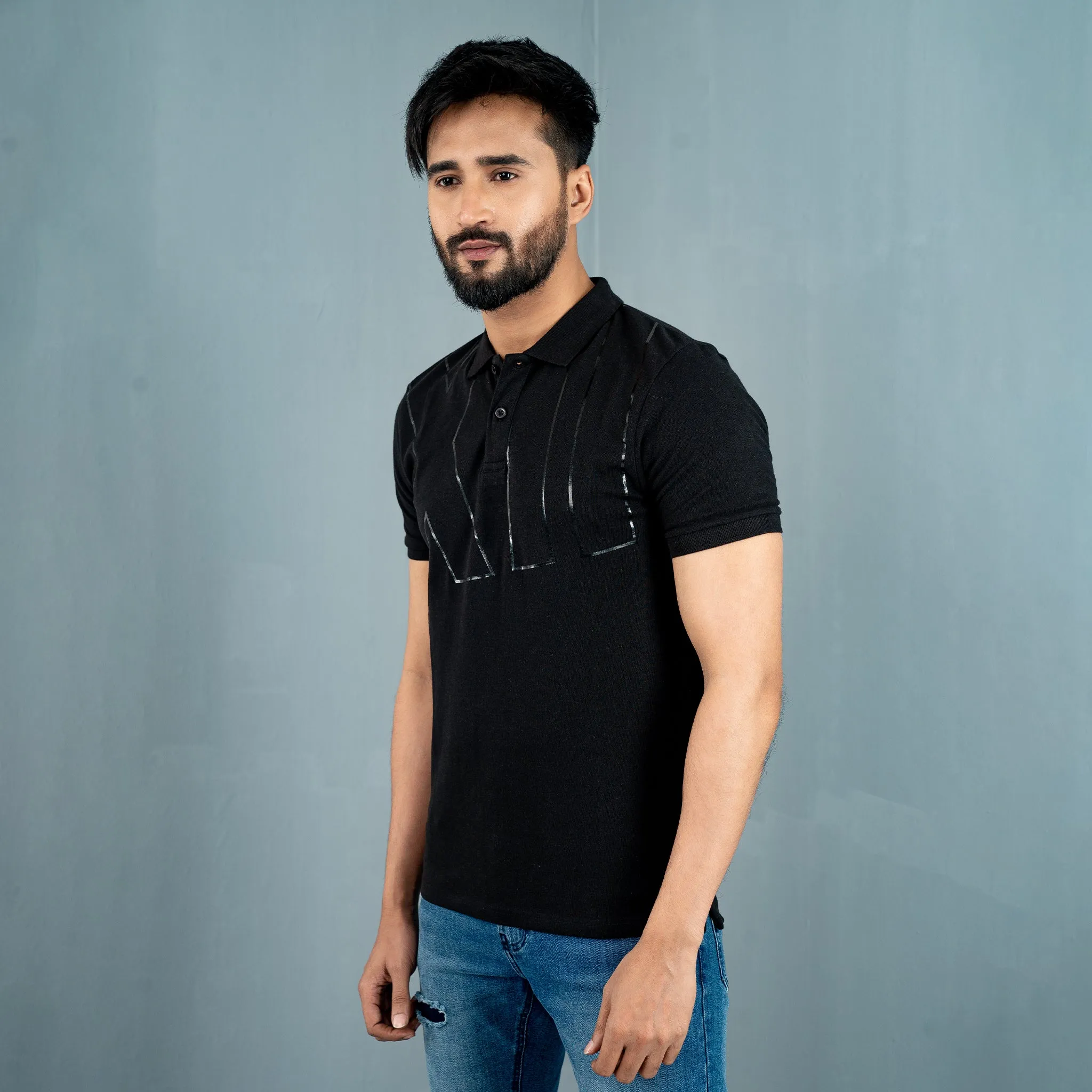 Mens Black Print Polo