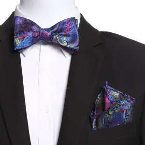 Men's Blue & Pink Self Bow Tie with Handkerchief