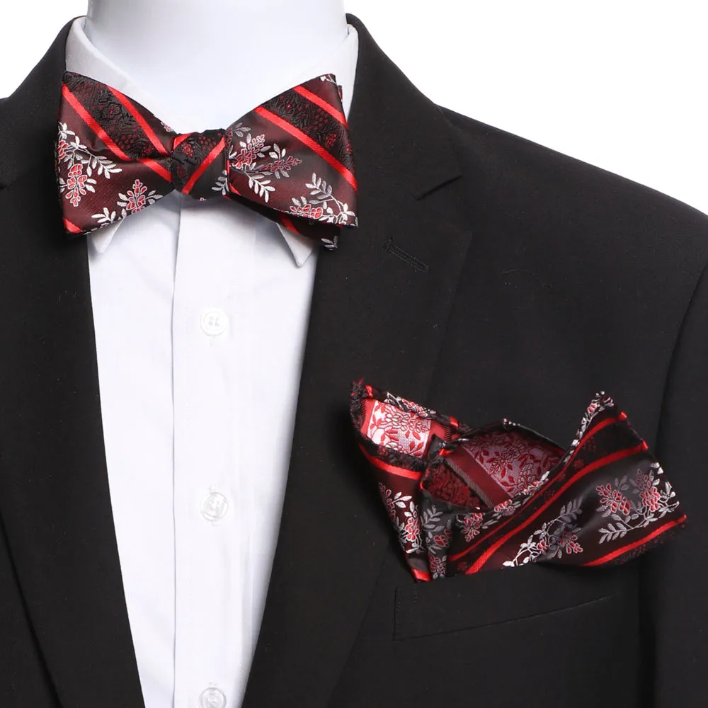 Men's Brown & Red Self Bow Tie with Handkerchief
