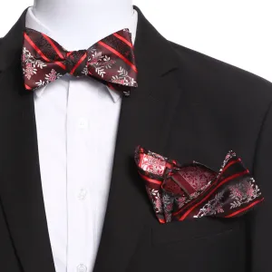 Men's Brown & Red Self Bow Tie with Handkerchief