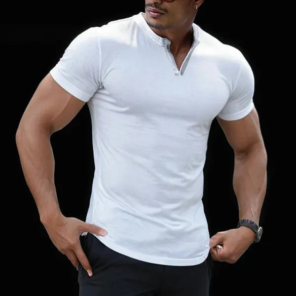 MEN'S CASUAL SOLID COLOR BUTTON COLLAR SLIM SHORT SLEEVE T-SHIRT