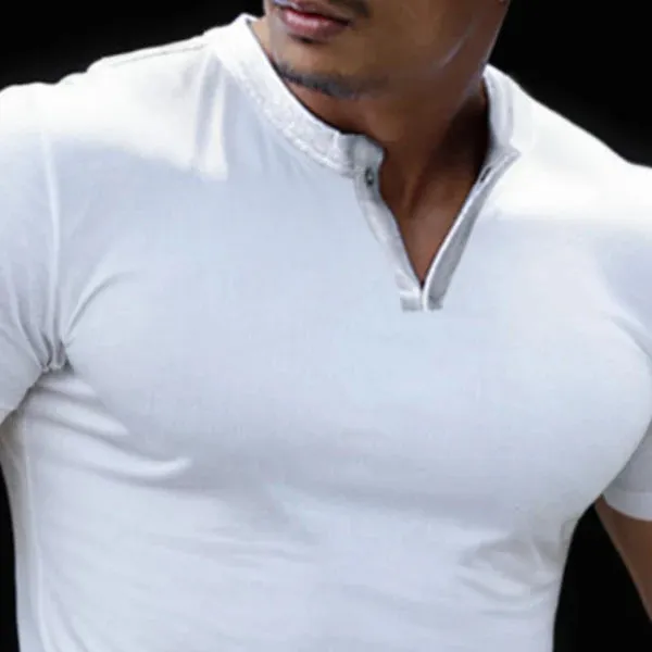 MEN'S CASUAL SOLID COLOR BUTTON COLLAR SLIM SHORT SLEEVE T-SHIRT