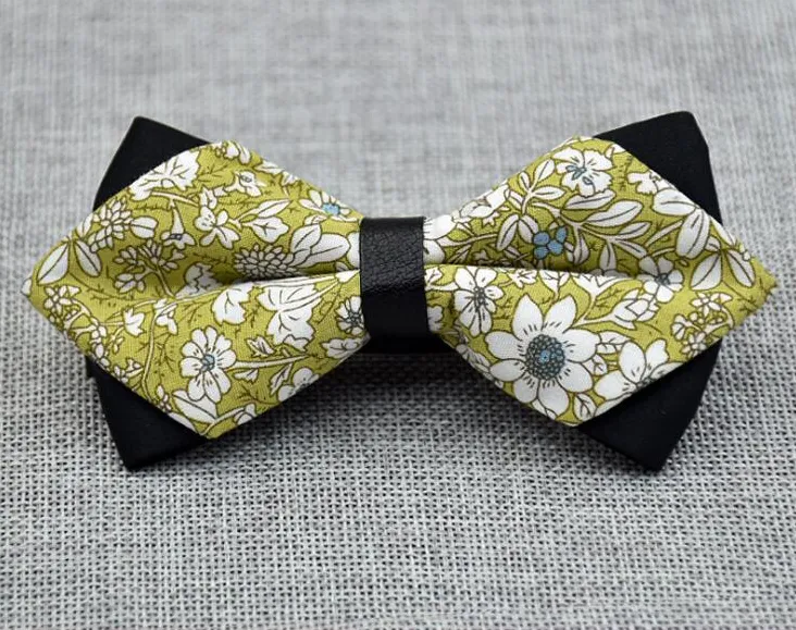 Men's Mustard Green Floral 100% Cotton Pre-Tied Bow Tie