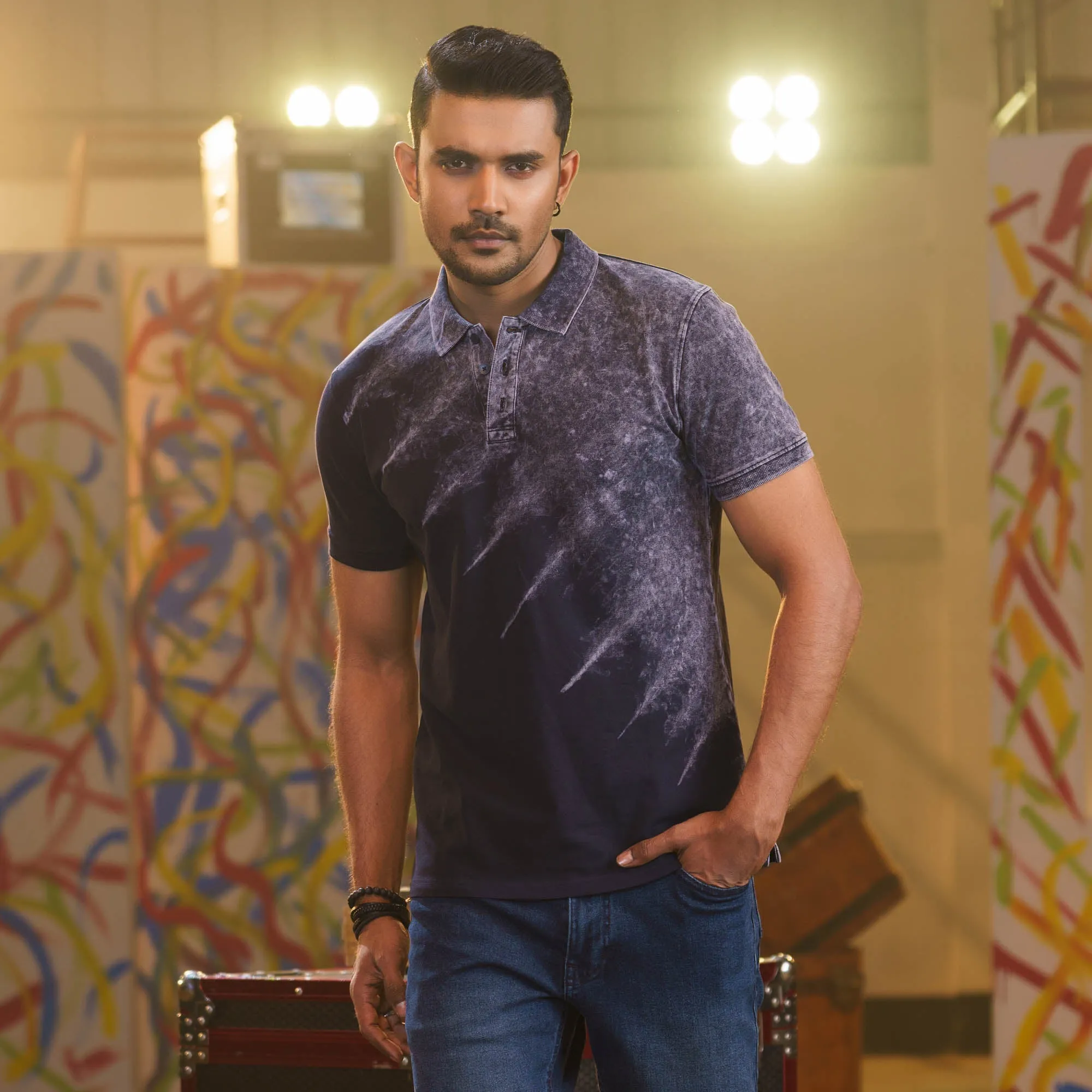 Mens Navy Tie-Dye Polo
