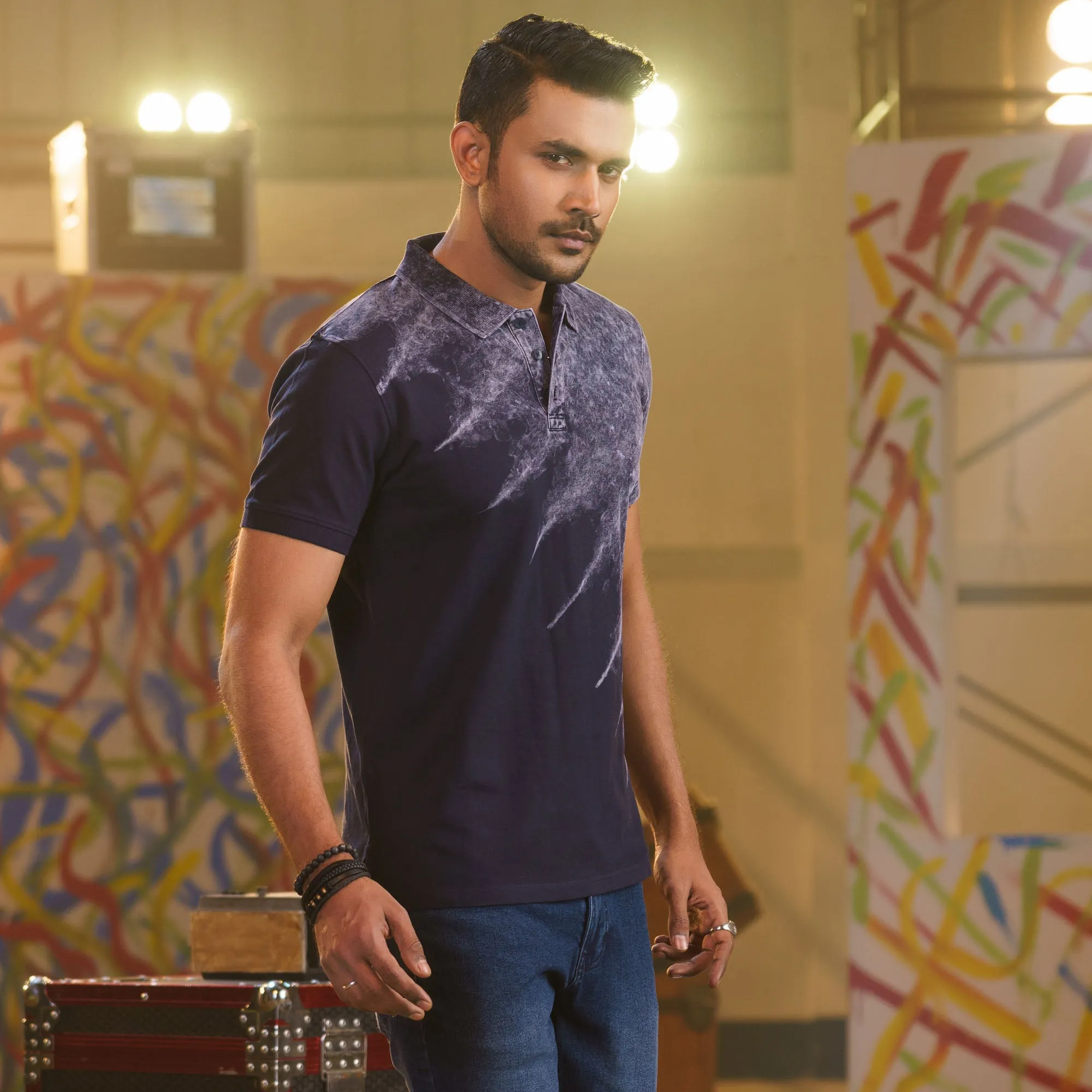 Mens Navy Tie-Dye Polo