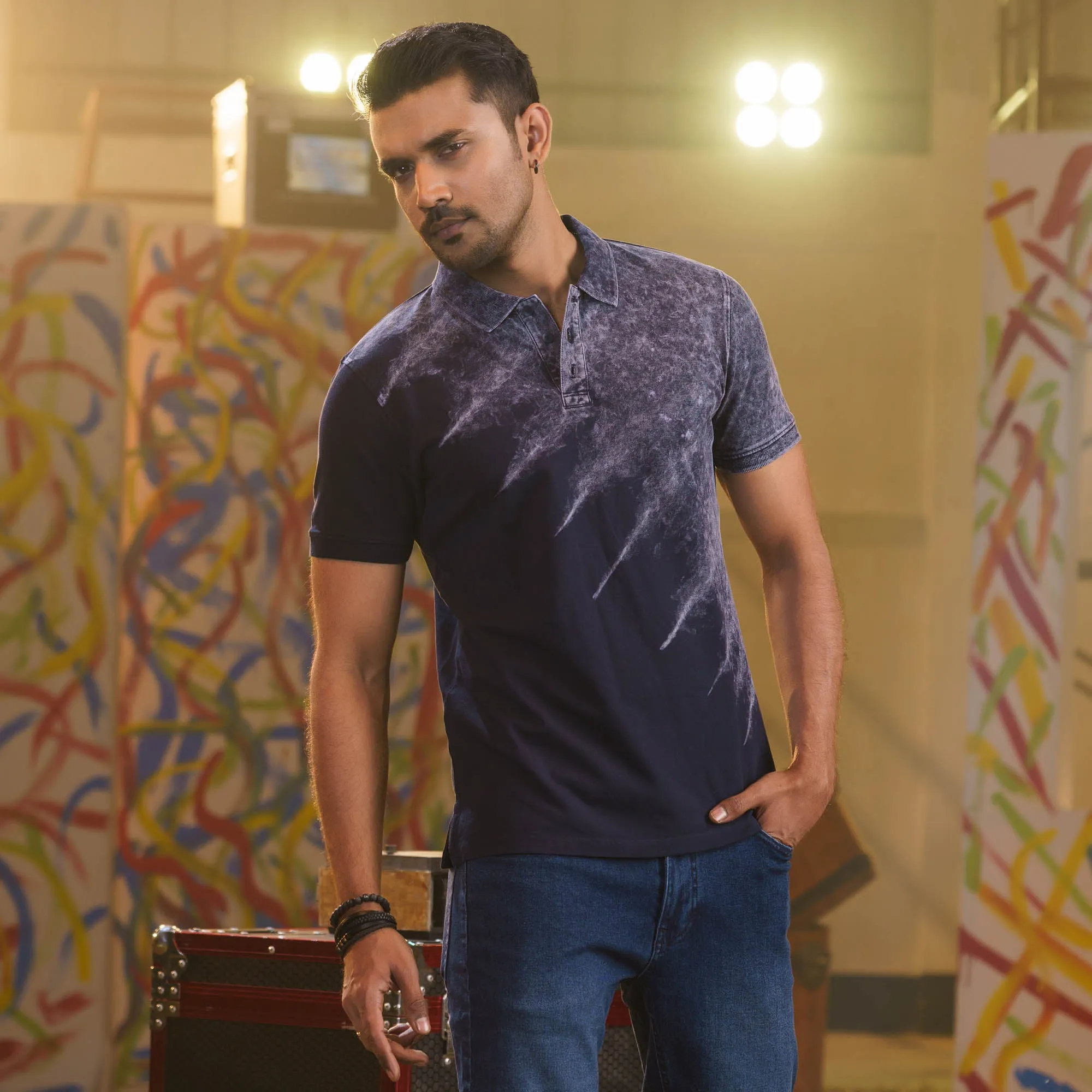 Mens Navy Tie-Dye Polo