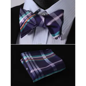 Men's Purple Aqua Orange Check Bow Tie & Pocket Handkerchief - Identical 3