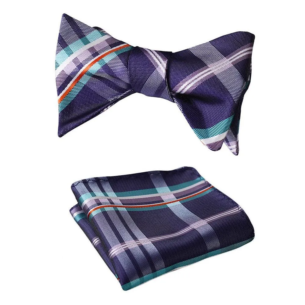 Men's Purple Aqua Orange Check Bow Tie & Pocket Handkerchief - Identical 97