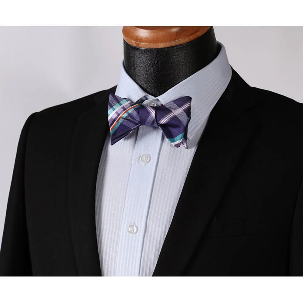 Men's Purple Aqua Orange Check Bow Tie & Pocket Handkerchief - Identical 97