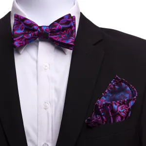 Men's Silk Pink Blue Self Bow Tie with Handkerchief