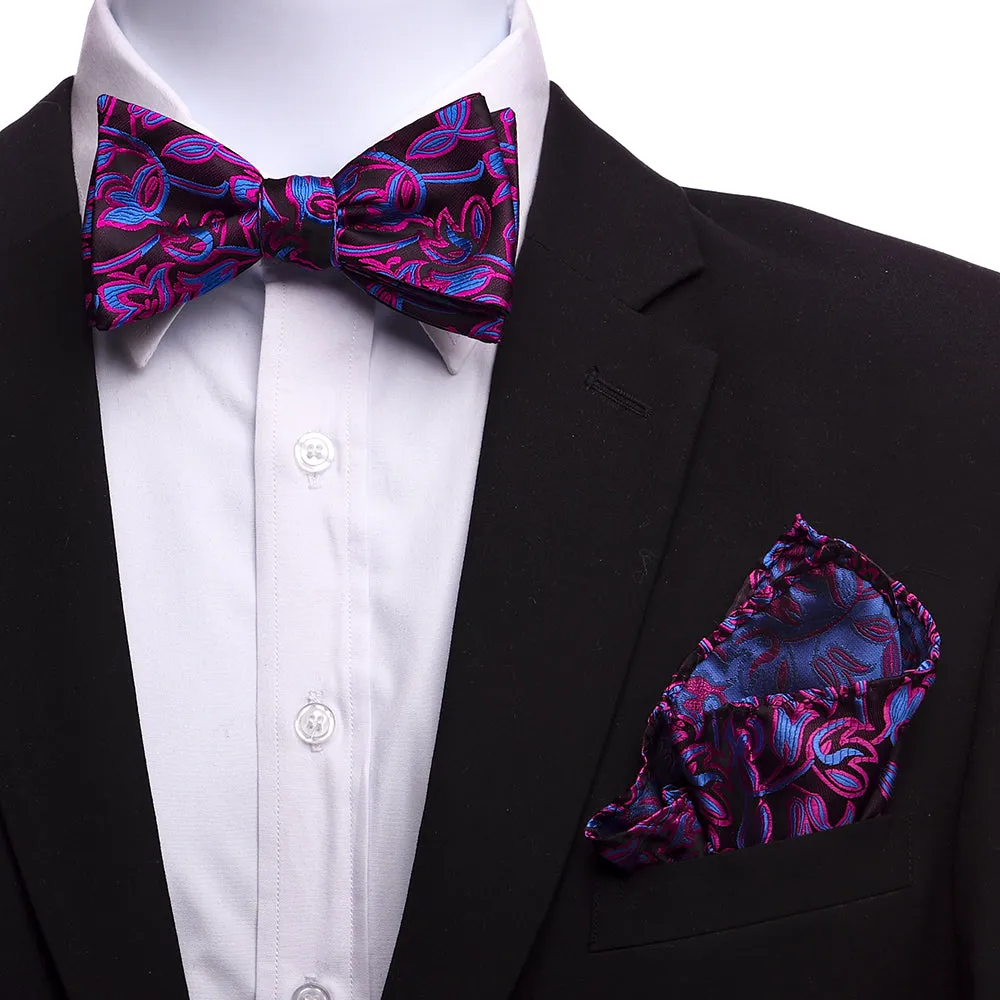 Men's Silk Pink Blue Self Bow Tie with Handkerchief