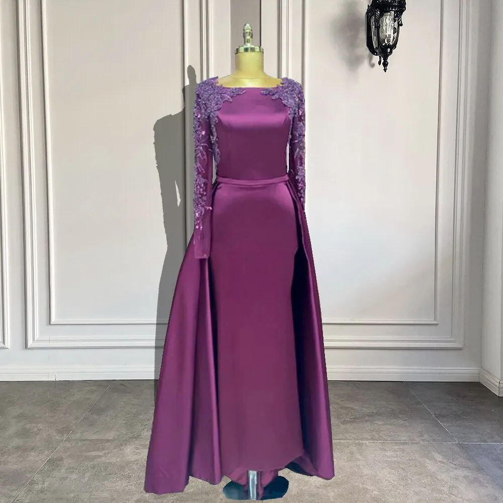 Mermaid Style Luxury Beaded Purple Satin Women Formal Evening Gowns