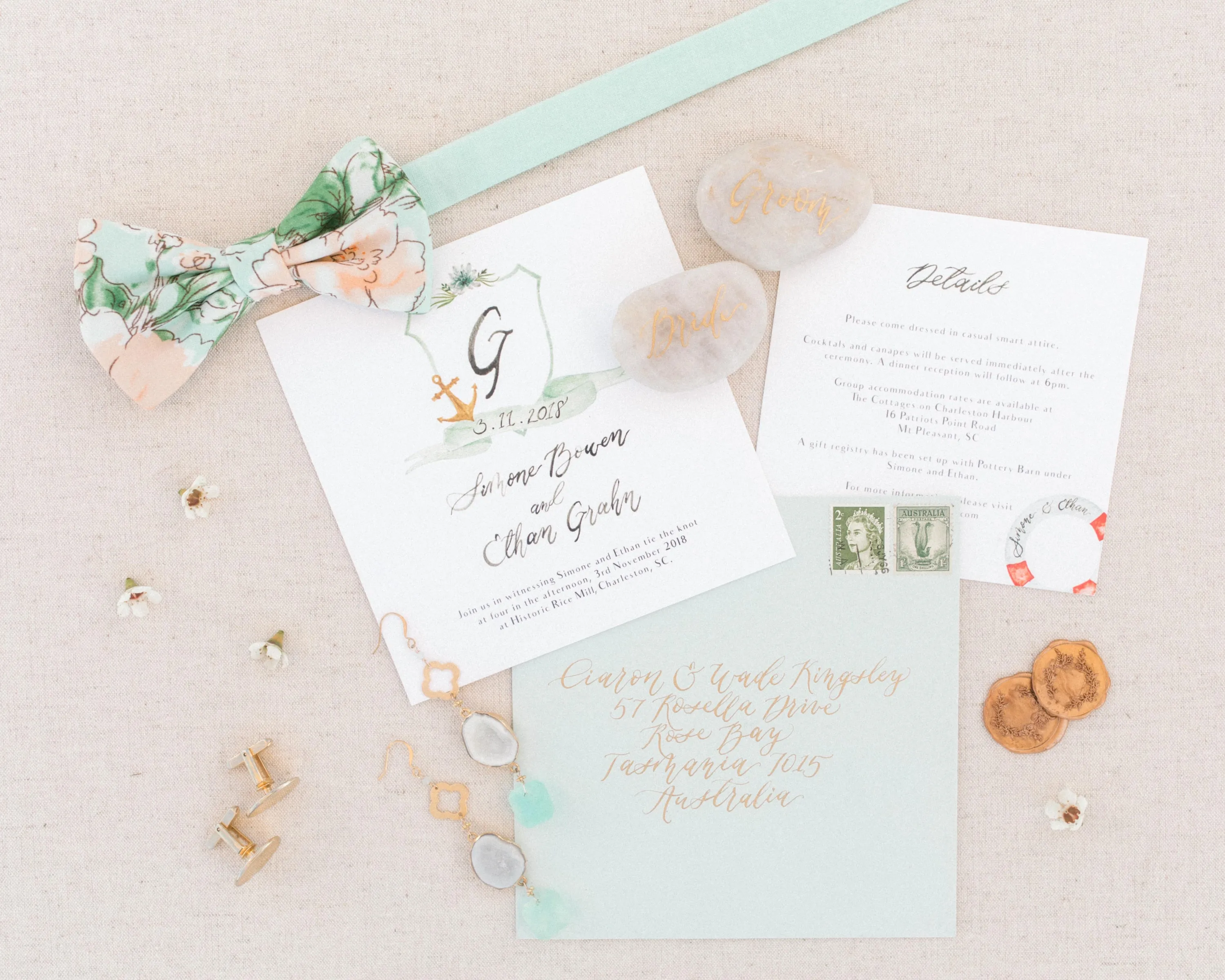 Mint and Peach Floral Bow Tie